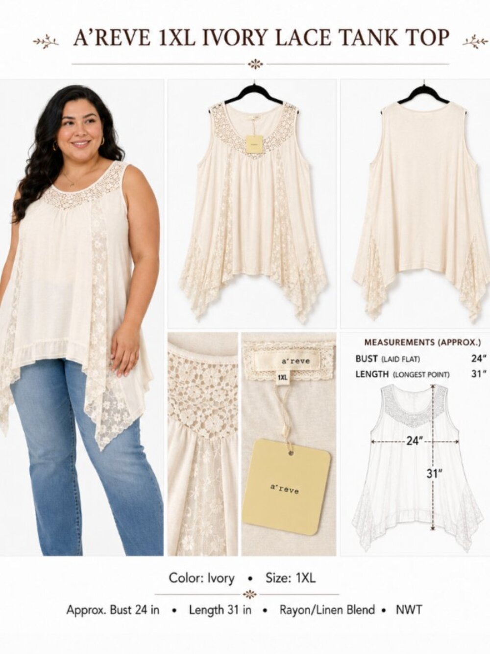 A'REVE 1XL Ivory Lace Rayon Linen Tank Top Asymmetric Hem NWT